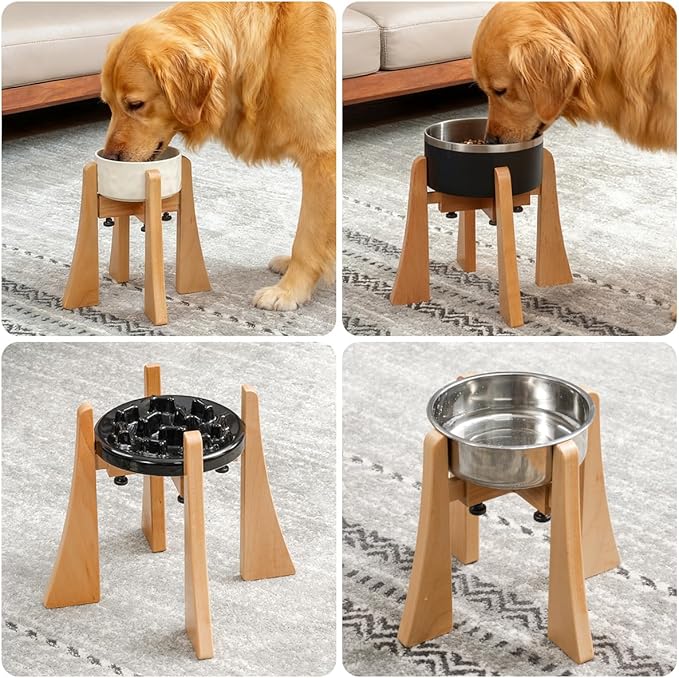 Beech Dog Bowl Stand for Medium Large Dogs,Elevated Dog Bowl Large Breed,Raised Bowl Stand，Adjustable Width for Different Bowls,Feeding Station with Non-Slip Feet (12-inch High)