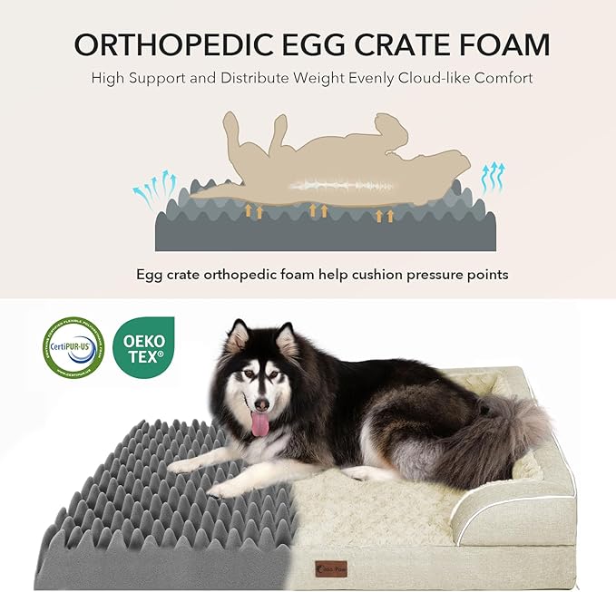 Orthopedic Dog Beds for Extra Large Sized Dogs, Waterproof Memory Foam XL Pet Bed with Sides 48x30Inch, Non-Slip and Egg-Crate Foam Big Dog Couch Bed with Removable Washable Cover, Beige