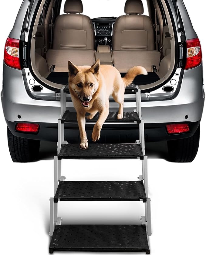 Extra Wide Dog Stairs for Car - Foldable Ramps with Non Slip Surface, Portable Steps for Cars, SUVs, Trucks, Supports Up to 250 Lbs