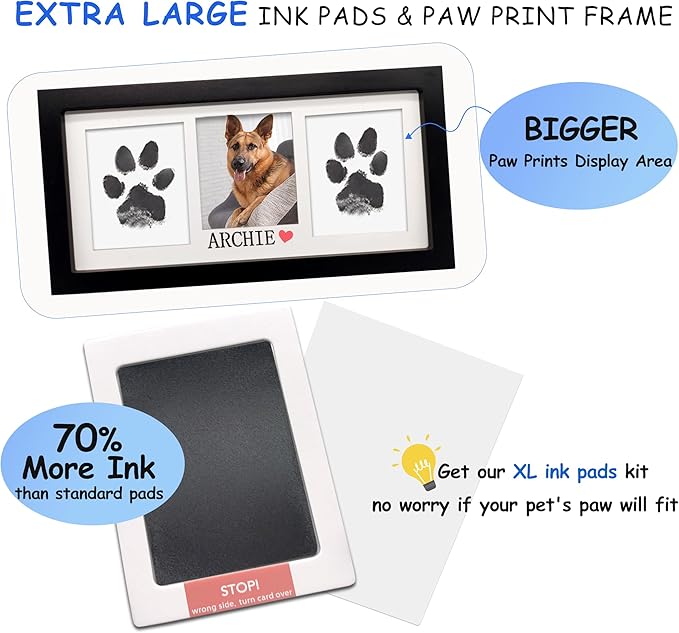 MYPAWLETS-Extra Large Inkless Paw Print Stamp Pad for Dog &Paw Print Frame,Cat Dog Paw Print Kit,2 Clean Touch Ink Pads,Pet Paw Print Impression Kit with Wooden Frame,Personalized Paw Print Gift-Black