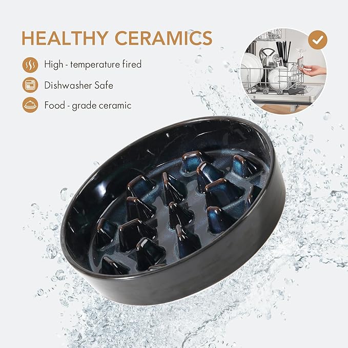 Ceramic 3.2 Cup Dog Bowl Slow Feeder, 9.5 inch Slow Pet Food Dish for Large Dog, Stop Bloat, Preventing Choking(Single Bowl, Starry Sky)