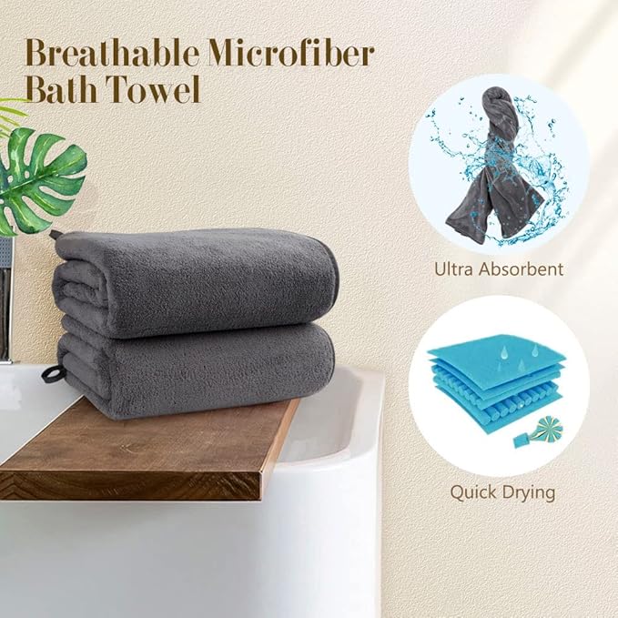 Orighty Bath Towels Pack of 2(27'' x 54'') - Soft Feel, Highly Absorbent, Quick Drying Microfiber for Body, Sport, Yoga, SPA, Fitness - Grey