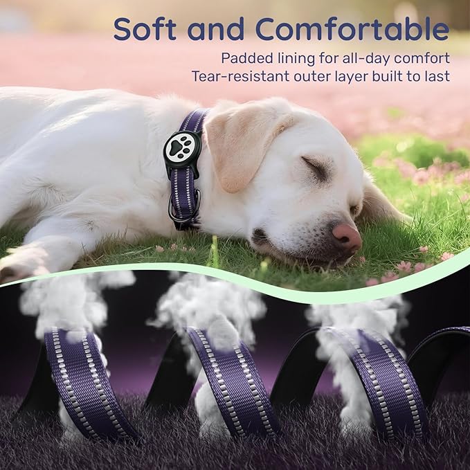 Airtag Dog Collar, Reflective Ultra-Durable Nylon Padded with QR Code Buckle & IP68 Waterproof Air Tag Holder Compatible for Apple AirTag, Comfortable for Small Medium Large Dogs(Purple, M)