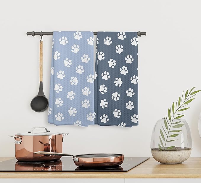 Dog Paw Hand Kitchen Dish Towels and Dishcloths Set of 2, Cute light Blue Hand Towels for Bathroom, Cool Gifts for Dog Lovers Women, 16×24 Inch