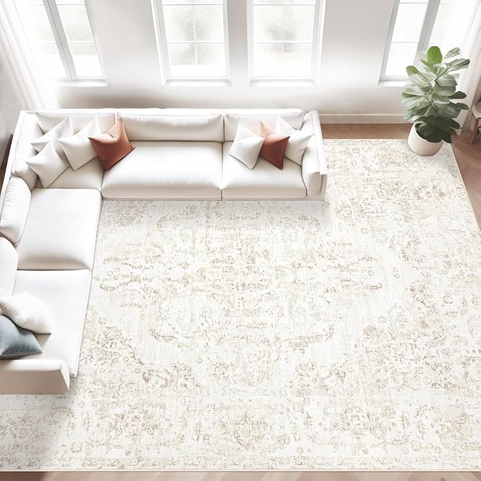 10x14 Area Rugs for Living Room: Washable Rug Vintage Large Rugs Soft Non Slip Low Pile Rug Floral Distressed Floor Carpet for Bedroom Nursery Dining Room Home Office (Beige,10'x14')