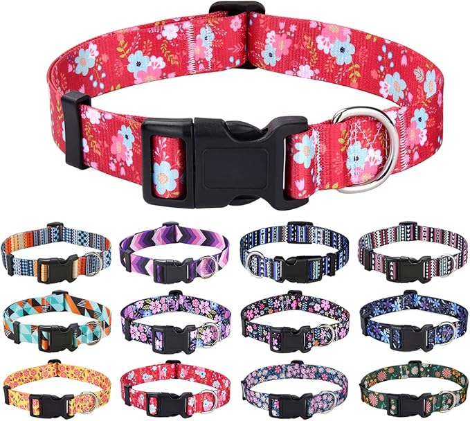 Dog Collar with Bohemia Floral Tribal Geometric Patterns - Soft Ethnic Style Collar Adjustable for Small Medium Large Dogs(Red Flower,S)