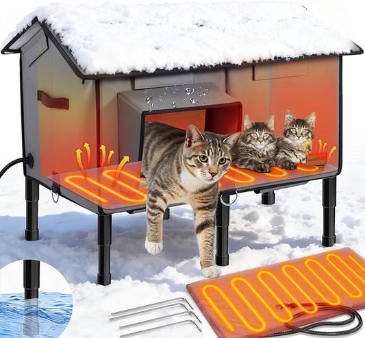 Upgraded 100% Weatherproof Large Heated Cat House for Outside Cat with Cozy Cushion &Safe Escape Door,Gable Roof Design, Insulated Outdoor Cat Shelter with Soft Heater for Feral Barn Cat Kitty
