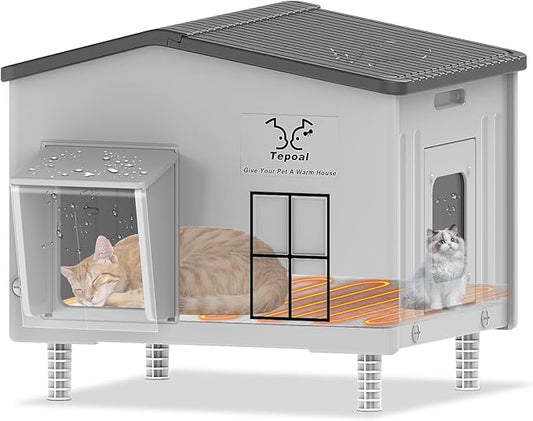 Large Plastic Heated Cat House for Outside in Winter, 100% Weatherproof & Insulated Outdoor Heated Cat House with Safe Escape Door, Elevated Feral Cats Shelter for Barn Cats 21.6"x17"x19.7"