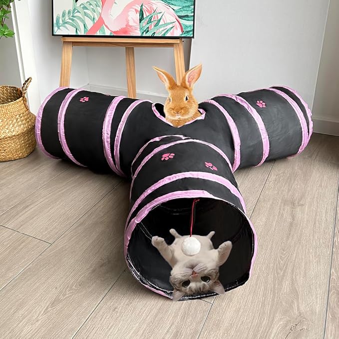 Cat Tunnel Tube Toy Collapsible 3 Way Black with Pink Paws, Pet Tunnels for Indoor Cats, Play Tubes with Hanging ball for Kitten, Puppy, Rabbit, Interactive Toys for Fun Playtime & Exercise