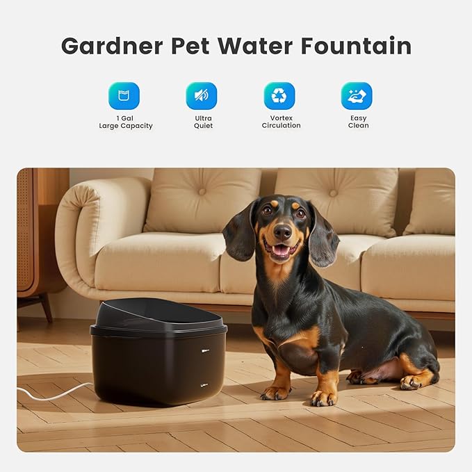 Gardner Pet 1 Gallon Pet Water Fountain, Vortex Dog Water Fountain, Ultra Quiet Automatic Cat Fountain with Filter, Transparent Tank, Splash-Proof, Easy to Clean,Without Adapter (Black)
