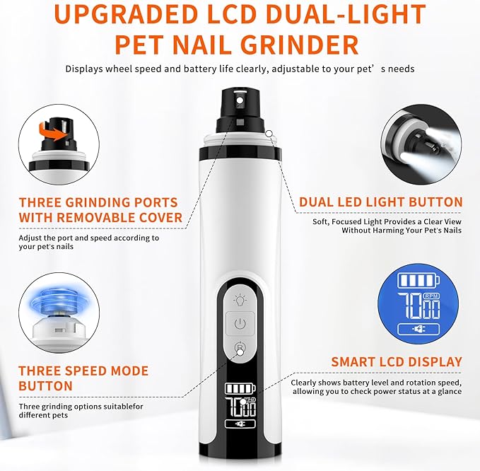 2026 Upgraded Silent Dog Nail Grinder, 3-Speed Powerful Electric Pet Nail Trimmer, Indoor cat Nail Trimmer,Rechargeable with 2 LED Lights/Grinding Wheels for Small, Medium, and Large Dogs and Cats