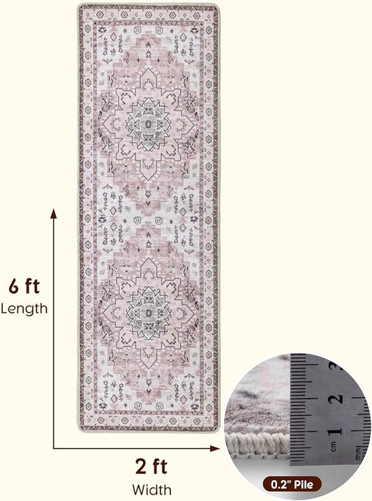 LBRO2M Boho Runner Rug 2X6 Hallway Rug Non Slip Washable Runners for Hallways, Bedroom, Kitchen Laundry Room Pet Friendly Area Rugs (2X6, Pink)
