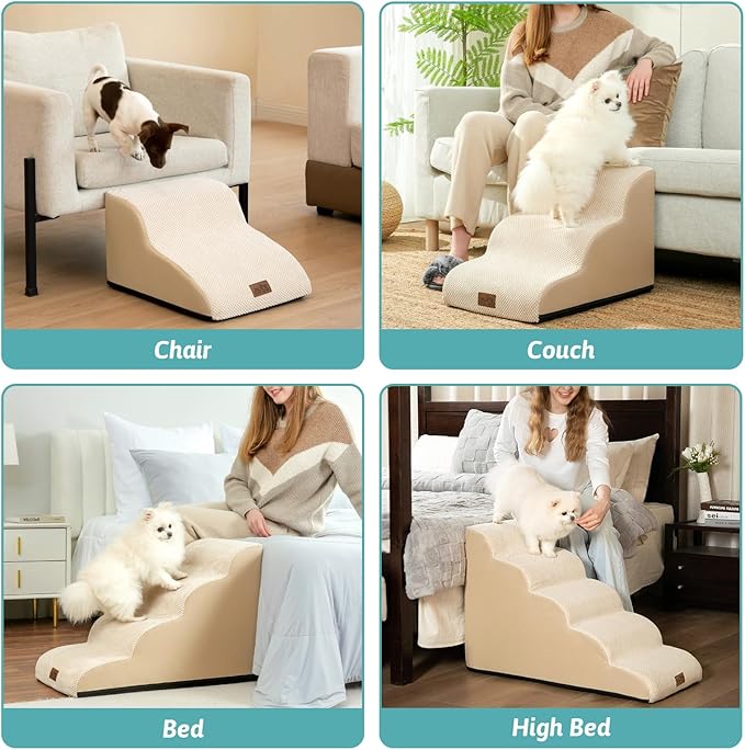 Dog Stairs for Small Dogs 19.7" H, Curved Dog Step for Puppy, Older or Cat, Medium Pet Ramp for Sofa, Couch or Bed, Ladder with High Density Foam, 4 Step, 15.7x28.3x19.7 inch, Beige