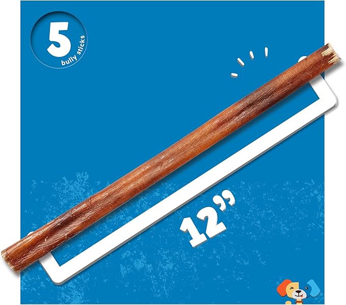 Jack&Pup 12 Inch Standard Bully Sticks for Medium and Large Dogs (5 Pack) Single Ingredient Dog Chew Bully Stick
