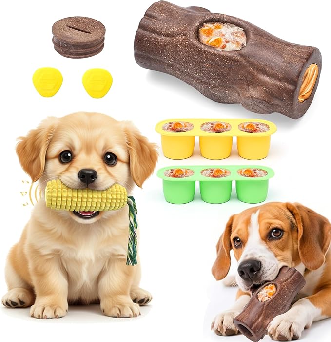 Corn Shape Dog Chew Toy for Small to Medium Dogs – Puppy Teething Toys with Squeaker; Tree Stump Chew Toy for Medium to Large Dogs – Design with Frozen Treat Molds & Peanut Butter Grooves