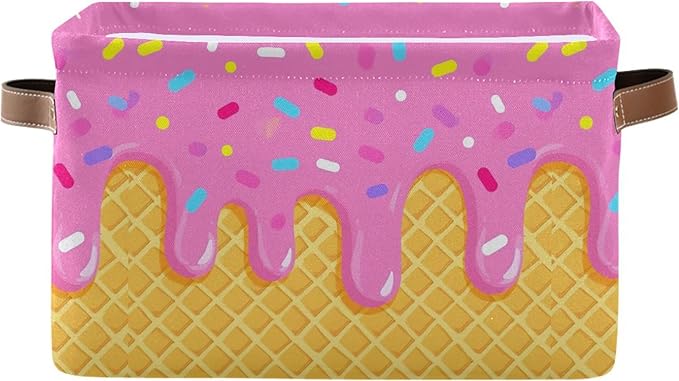 Wamika Ice Cream Drip Baseball Storage Basket with Waterproof Liner and PU Handles Purple Pink Storage Bins Boxes 14.2" Collapsible Decorative Organizer Baskets for Bedroom Closet Office 1 Pack