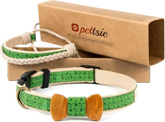 Pettsie Adjustable Dog Bow Tie Collar with Matching Owner Friendship Bracelet – Stylish & Durable Pet Accessory, Soft Hemp & Cotton, Secure D-Ring, Gift-Ready Set, Small, Green