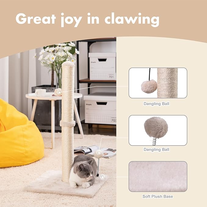MECOOL 34” Tall Cat Scratching Post Premium Basics Kitten Scratcher Sisal Scratch Posts Trees with Hanging Ball for Indoor Cats, Beige
