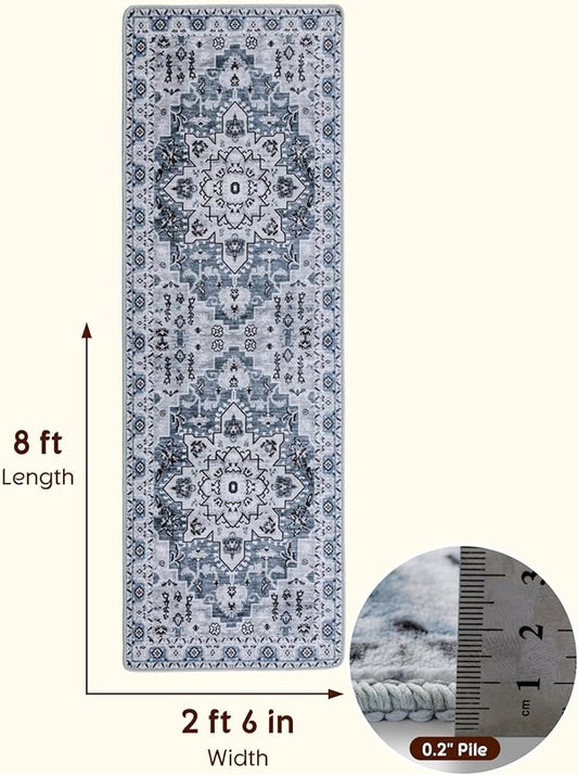 LBRO2M Boho Washable Runner Rug 2'6“X8’ Dusty Blue Washable Hallway Runner Rugs Non Slip Low Piles Rugs, Soft, Area Rug Runners for Hallways, Bedroom, Kitchen Laundry Room (2'6"X8', Light Blue)