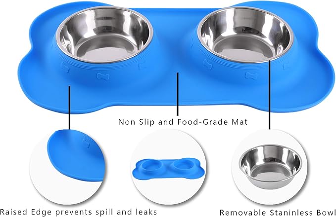 Hubulk Pet Dog Bowls 2 Stainless Steel Dog Bowl with No Spill Non-Skid Silicone Mat + Pet Food Scoop Water and Food Feeder Bowls for Feeding Small Medium Large Dogs Cats Puppies (Extra Large, Blue)