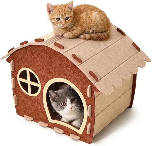 Cat Houses for Indoor Cats, Felt Cat House Cave Hideway, Foldable Cat Condos Type Cats Beds Playhouse for Large Cat Up to 22 lbs, 25.6x18.7x17.3 inch (Coffee Brown)