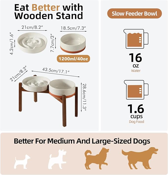 Ceramic 1.6 Cup Raised Slow Feeder Dog Bowl Set, Elevated 7.3inch Bowl and 8.2inch Dish with Acacia Wood Stand for Medium and Large Dogs(2 x Vanilla White+ Stand)