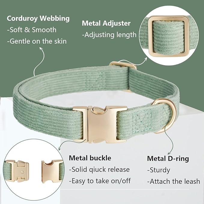 Cotton Fibric Dog Collar with High Grade Metal Buckle,for Large Dogs(Light Green,Large:17-26")