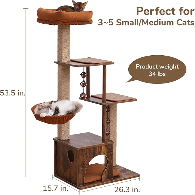 FUKUMARU Cat Tree, 4 in 1 Large Modern Cats Tower with Jute Scratching Post and Hammock, Wood Cat Condo with silvervine Balls, Brown Cat Climber Stand Playhouse for Indoor Cats, Retro Style