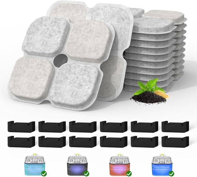 Cat Pet Water Fountain Filters, 12 Pack Replacement Filters Fit for 101oz/3L Crystal Cat Fountain, Triple Filtration System (12 Filters+12 Sponges)