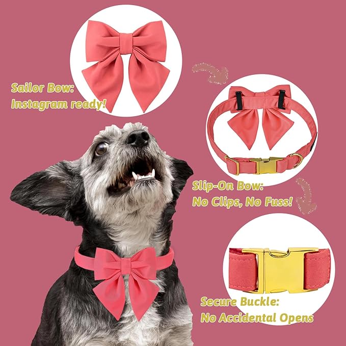 Maca Bates Peach Pink Dog Collar with Cute Solid Sailor Bow Tie for Small Girl Boy Dogs,Girly Adjustbale Durable Breakaway Soft Collars with Bowtie for Female Male Puppy,Pet with Metal Buckle