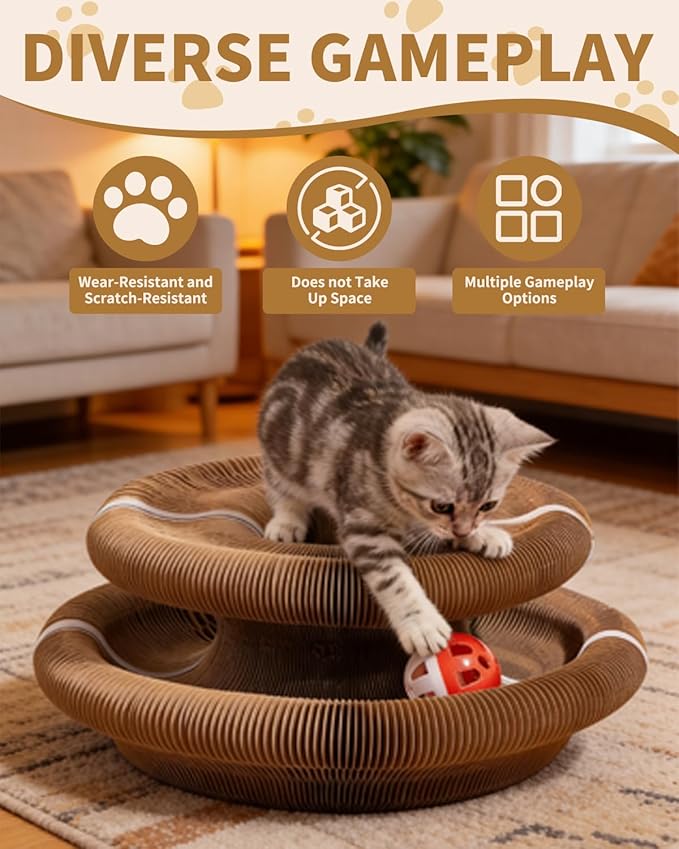 Cat Scratcher Board Toys,Interactive Magic Organ Bell Ball Track,Bored Kitty Indoor Cardboard Gifts,Round Pet Paw Scratch Pad,No Posts Puzzle Tree Tower Bed House,Circle Tunnel Nail File