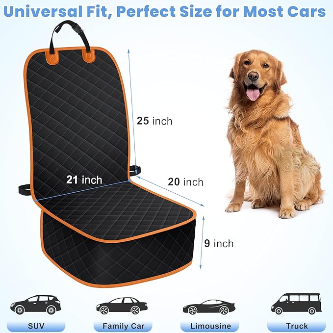 Dog Car Seat Covers, Waterproof Front Seat Cover for Dogs, Scratch-Proof, Nonslip Pet Passenger Seat Cover Protector, Universal Fit for Cars Trucks SUVs, Large Size, Black with Orange