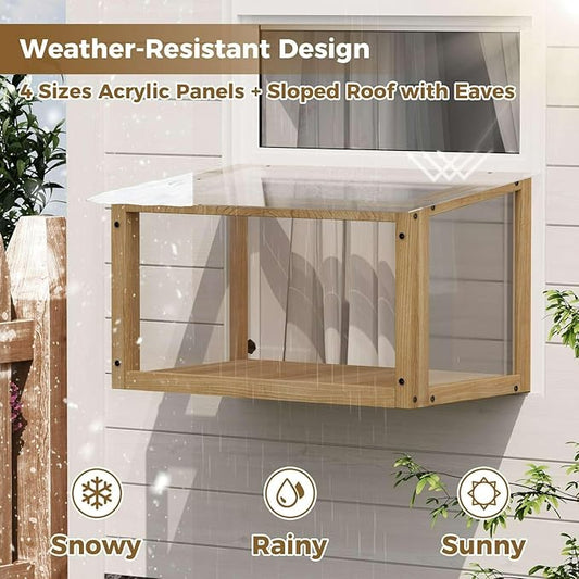 Cat Window Perch Outdoor Enclosure, Wooden Catio Weatherproof Window Box with Clear Acrylic Panels, 360° View Sunbathing Ledge for Indoor Cats