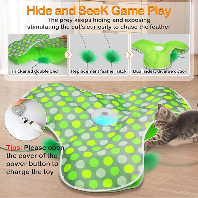 Interactive Cat Toys Rechargeable,Moving Concealed Feathers,Real Mouse Squeaky,Touch Activated Cat Kitten Toy Exercise Toys for Indoor Bored Adult Cats