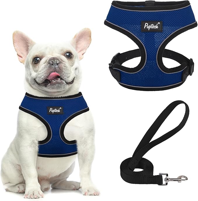 PUPTECK Soft Mesh Dog Harness and Leash Set Pet Puppy Cat Comfort Padded Vest No Pull Harnesses, Solid NavyBlue, M