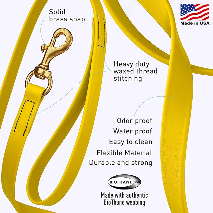 Viper Biothane K9 Working Dog Leash Waterproof Lead for Tracking Training Schutzhund Odor-Proof Long Line with Solid Brass Snap for Puppy Medium and Large Dogs, 15ft Lemon Yellow