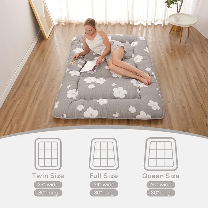 Japanese Floor Mattress, Futon Mattress with Portable Storage Bag and Washable Cover, Roll Up Thick Tatami Mat Suitable for Camping, Guest Room, Grey Cotton, Queen