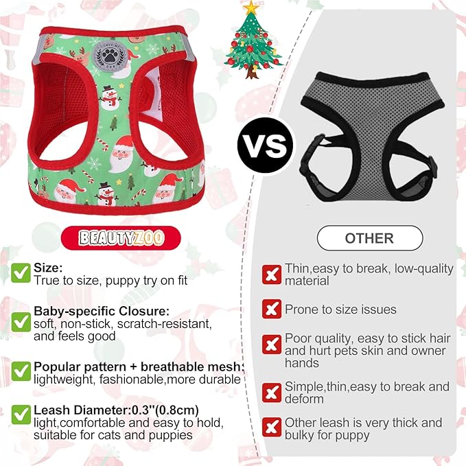 BEAUTYZOO Step in Dog Harness and Leash Set,Reflective Dog Harness No Pull No Choke Puppy Harness for Small Medium Large Dogs Cats,Soft Padded Mesh Vest Harnesses for Girl and Boy Pets,Christmas S