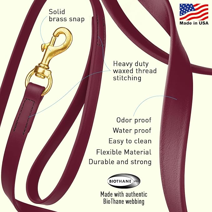 Viper Biothane K9 Working Dog Leash Waterproof Lead for Tracking Training Schutzhund Odor-Proof Long Line with Solid Brass Snap for Puppy Medium and Large Dogs, 10ft Merlot Burgundy
