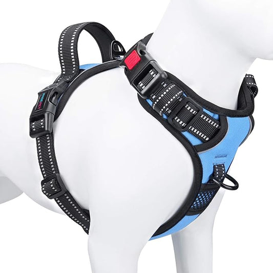 PHOEPET No Pull Dog Harness 3M Reflective Adjustable Vest with a Training Handle, Name ID Pocket, 2 Metal Leash Hooks, 3 Snap Buckles [Easy to Put on & Take Off](XL, Baby Blue)