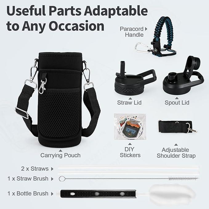 32 oz Insulated Water Bottle with Straw (Cold for 48 Hrs), Stainless Steel Triple Wall Vacuum Sports Water Jug, Leakproof Hydro Cup Flask with Paracord Handle & Straw Spout Lids & DIY Stickers