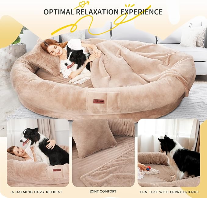 Human Dog Bed for Adult Kids, 70"x33"x12" Washable Faux Fur Human Size Dog Bed for People Doze Off, Cozy Large Present with Blanket and Pillow, Khaki
