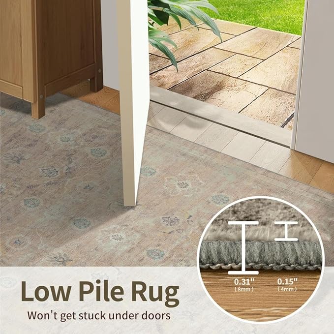6x9 Area Rugs for Living Room Bedroom, Large Washable Rug, Beige Vintage Retro Boho Rug, Non Slip & Low Pile Faux Wool Thin Carpet for Indoor Dining Room and Kids Room(Beige 6x9ft)