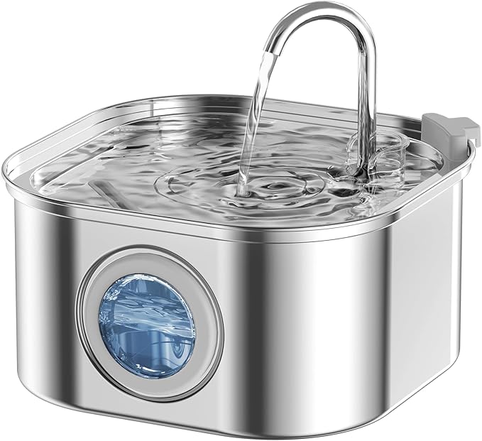 Cat Water Fountain, 3.2L/108oz Stainless Steel Pet Water Fountain, cat Fountain with Super Quiet &Transparent Window Design- Water Fountains for Cats Indoor