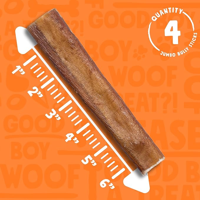 6 Inch Bully Sticks for Large Dogs (4 Pack) All Natural, Single Ingredient Bully Sticks for Medium Dogs, Aggressive Chewers