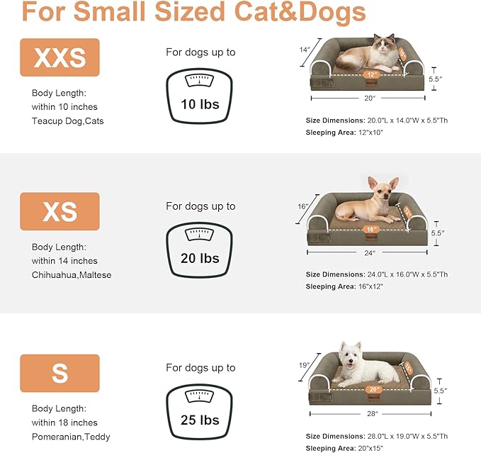 Small Dog Bed Orthopedic Washable: Beds Bolster Small Sized Dogs Cats Bed Egg Crate Foam Couch Sofa Waterproof with Removable Cover - Brown