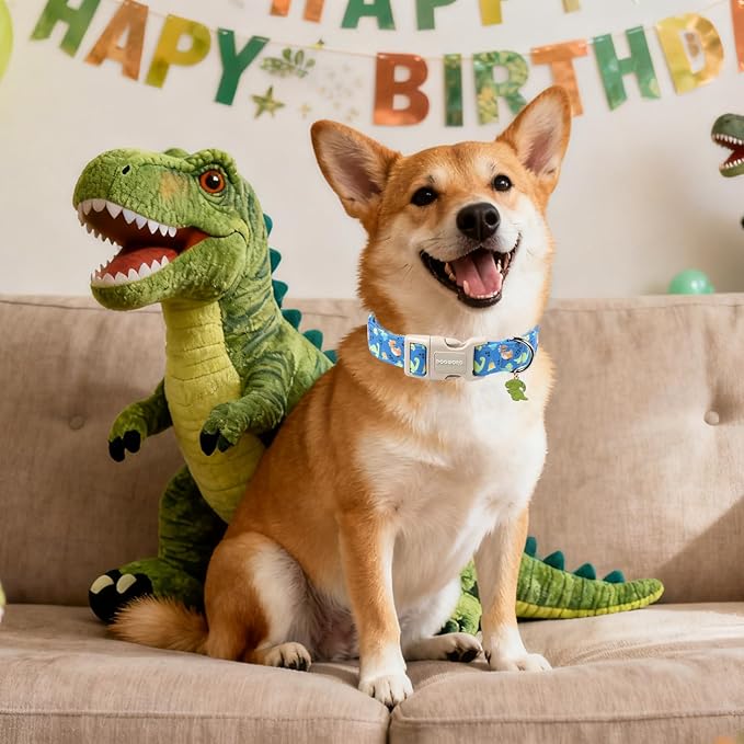 DOGWONG Blue Dog Collar Adjustable Soft Natural Fabric Boy Pet Dog Collar Cute Dinosaur Puppy Collars for Small Medium Large Dogs
