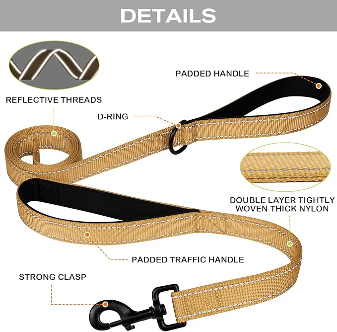 Joytale Dog Leash Heavy Duty for Large Dogs That Pull, Double Handle for Traffic Control, Double-Sided Reflective Leashes for Large Medium Dogs Night Safety, 5FT, Khaki