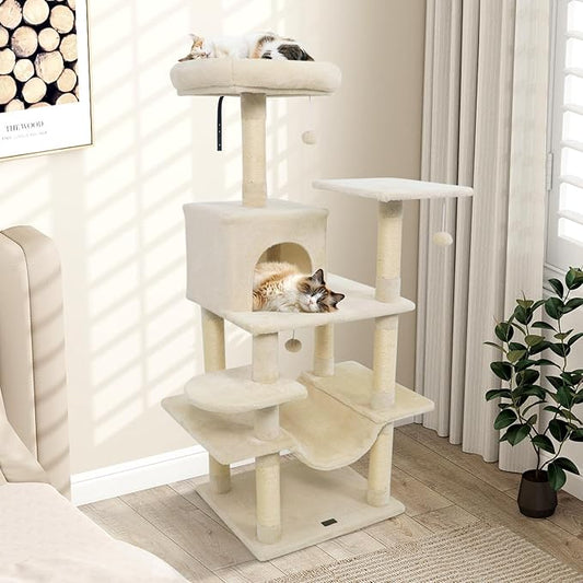 PETSITE Multi-Level Cat Tree, 58 Inches Tall with Sisal Scratching Posts, Condo, Hammock, Dangling Balls, Jumping Platforms, and Cozy Top Perch, Ideal for Indoor Cats to Play and Rest (Beige)