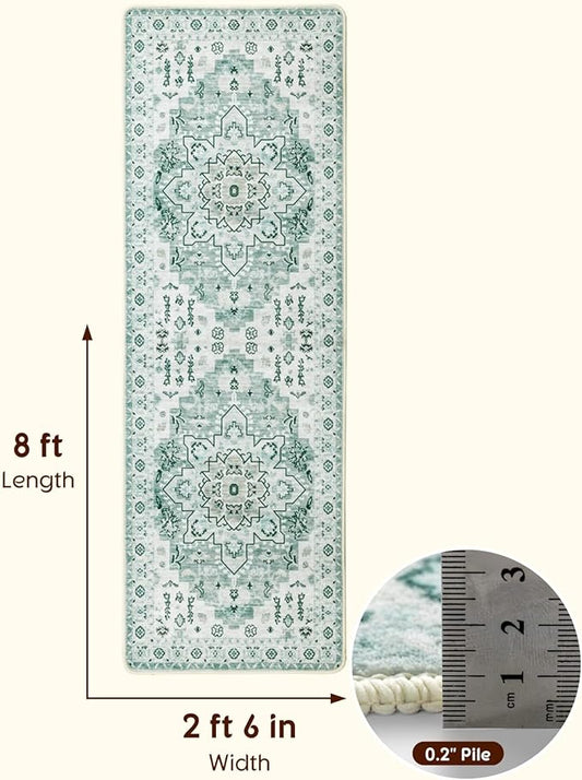 LBRO2M Boho Washable Runner Rug 2'6“X8’ Green Washable Hallway Runner Rugs Non Slip Low Piles Rugs, Soft, Area Rug Runners for Hallways, Bedroom, Kitchen Laundry Room (2'6"X8', Green)